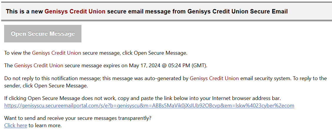 Retrieving a secure email message from Genisys Credit Union